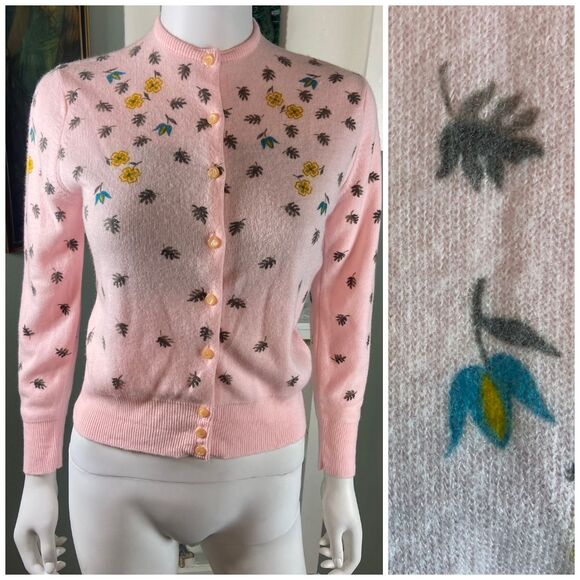Vintage 50s 60s Floral Pink Cardigan Sweater Turbo Orlon Stylabest S Small 1950s - Picture 1 of 9